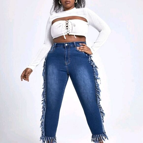 SXY Plus High Waist Frayed Trim Skinny Jeans - Picture 4 of 6